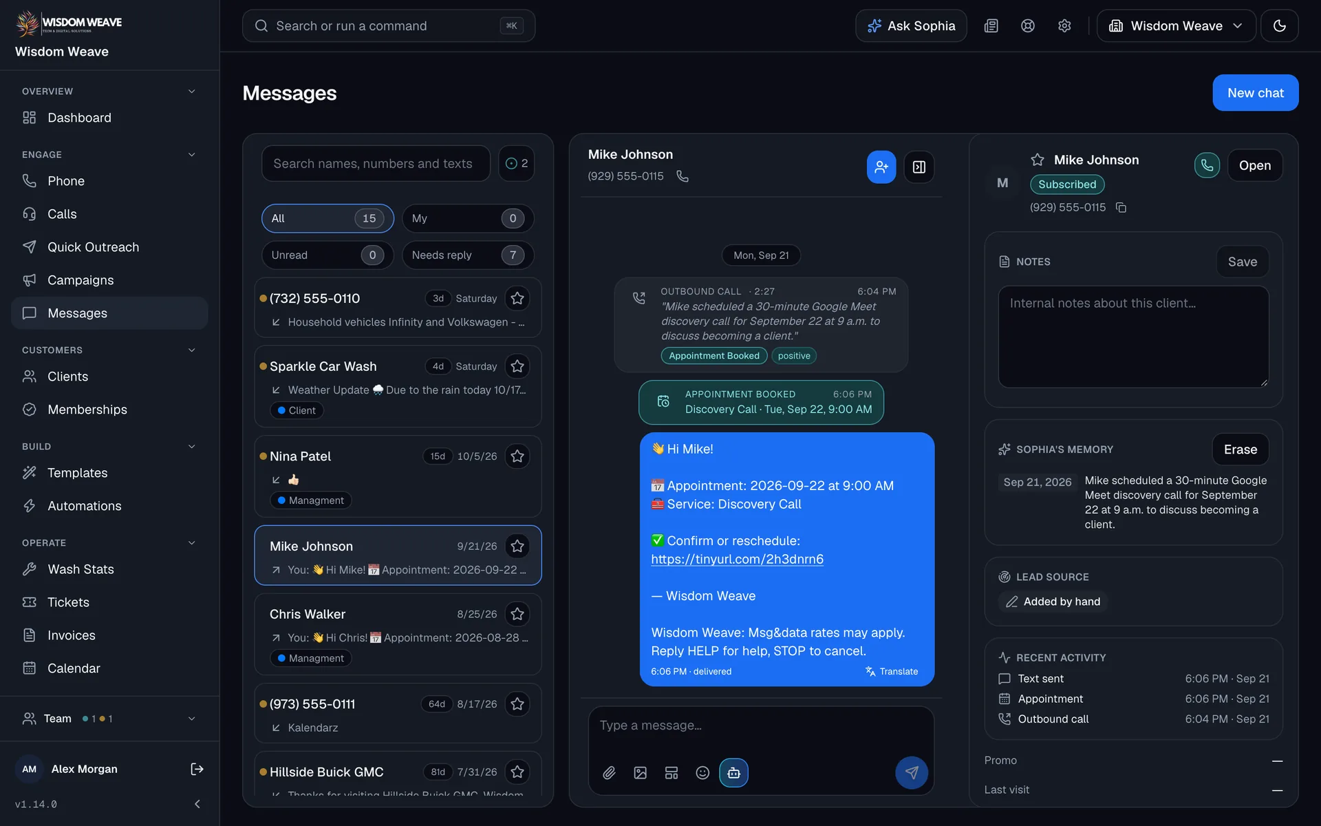 WW CRM shared inbox: an AI call summary, an appointment the AI booked, the confirmation text that went out, and the AI's memory of the customer