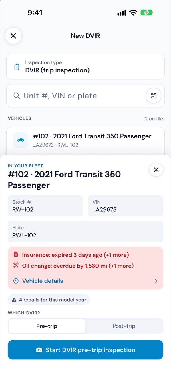 Starting a pre-trip on the driver's phone, with the van's expired insurance and overdue oil change