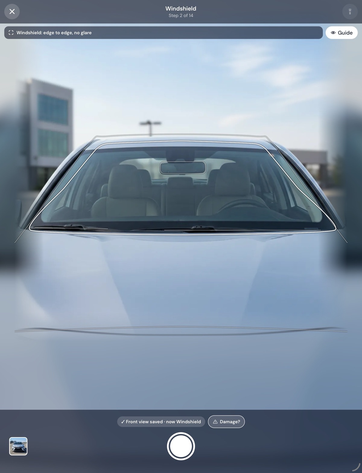 WW Inspections on iPad: the camera's outline for the windshield, step 2 of 14, after the front view was saved