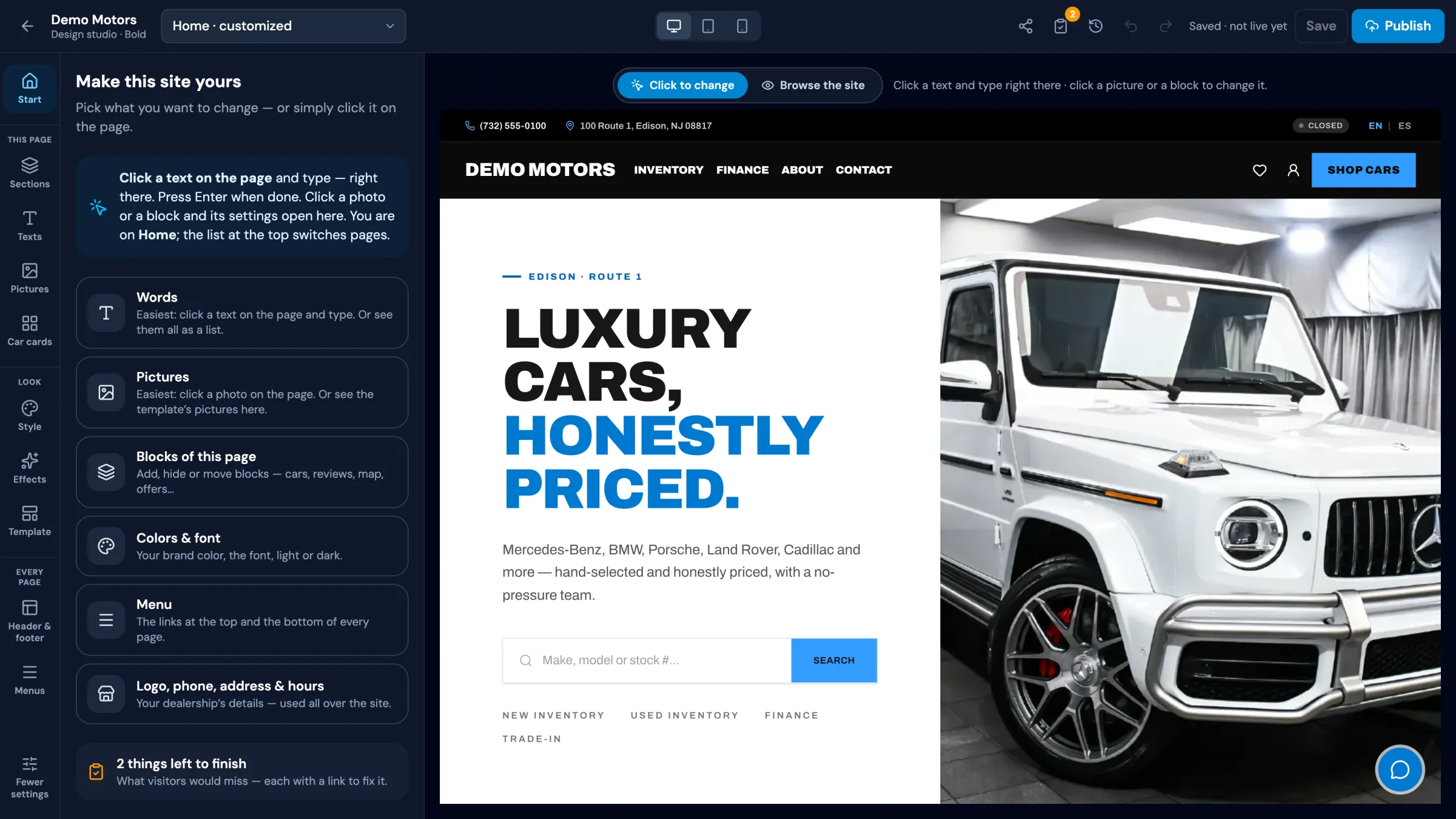 The WW Dealer design studio editing the home page