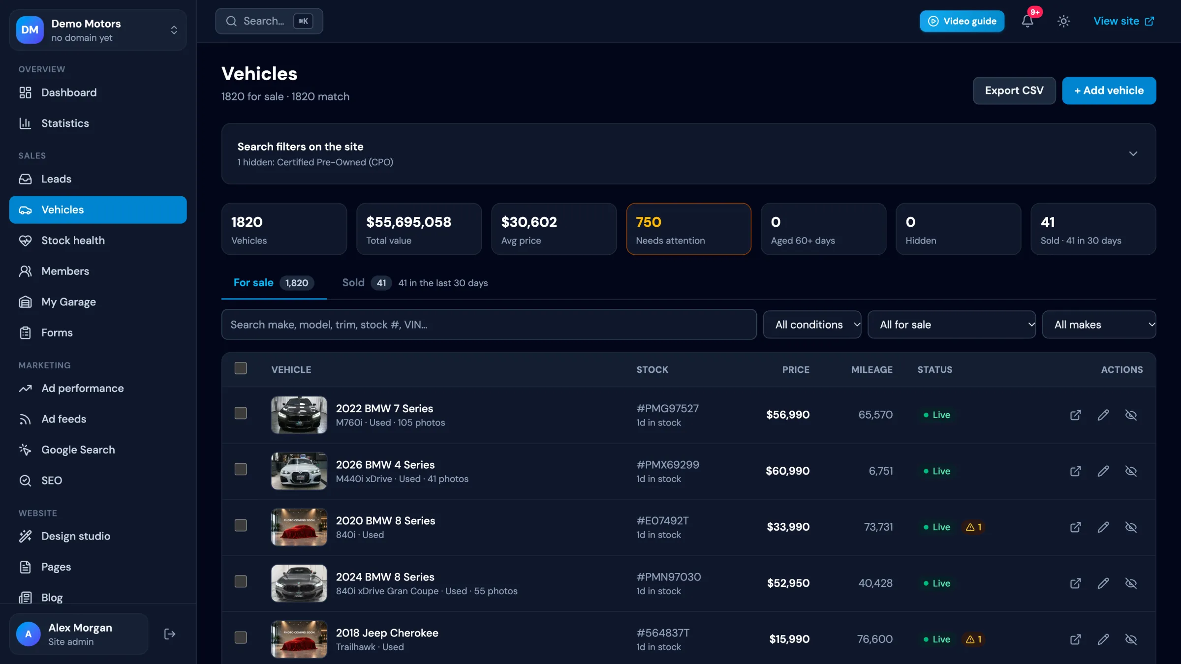 WW Dealer vehicles list with prices, photos and status